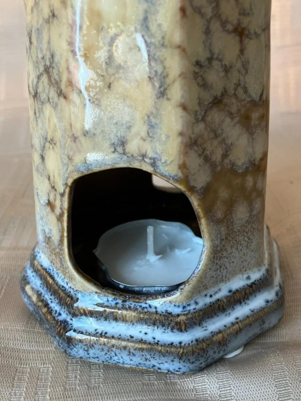 Ceramic Lighthouse Tealight Candle Holder 8 in Tall in Speckled Tan & Blue Hues